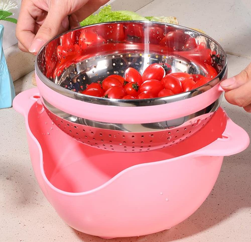 Colador Colador 2 en 1 Cestas de Frutas giratorias para Cocina Coladores microperforados Desmontables Autodrenantes para Pasta Arroz Espagueti Fideos Ensaladas Verduras (Azul)-Pink
