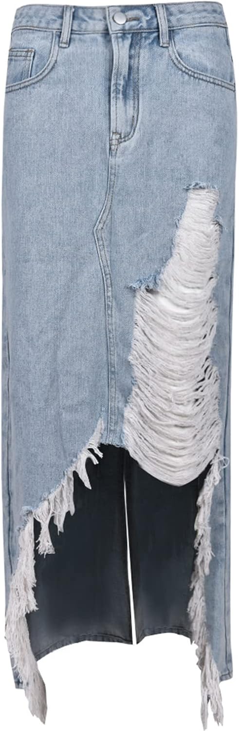 Denim Skirts for Women Tassel Maxi Skirts Button High Waist Back Split Irregular Loose Casual Long Skirt