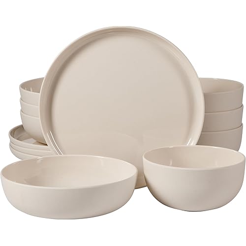 Gibson Home Candy Skies 12 Piece Unbreakable Wheat Straw Melamine Plates and Bowls Dinnerware Set - Outdoor, Camping, & Everyday Use - Matte Exterior/Shiny Interior Taupe Cream