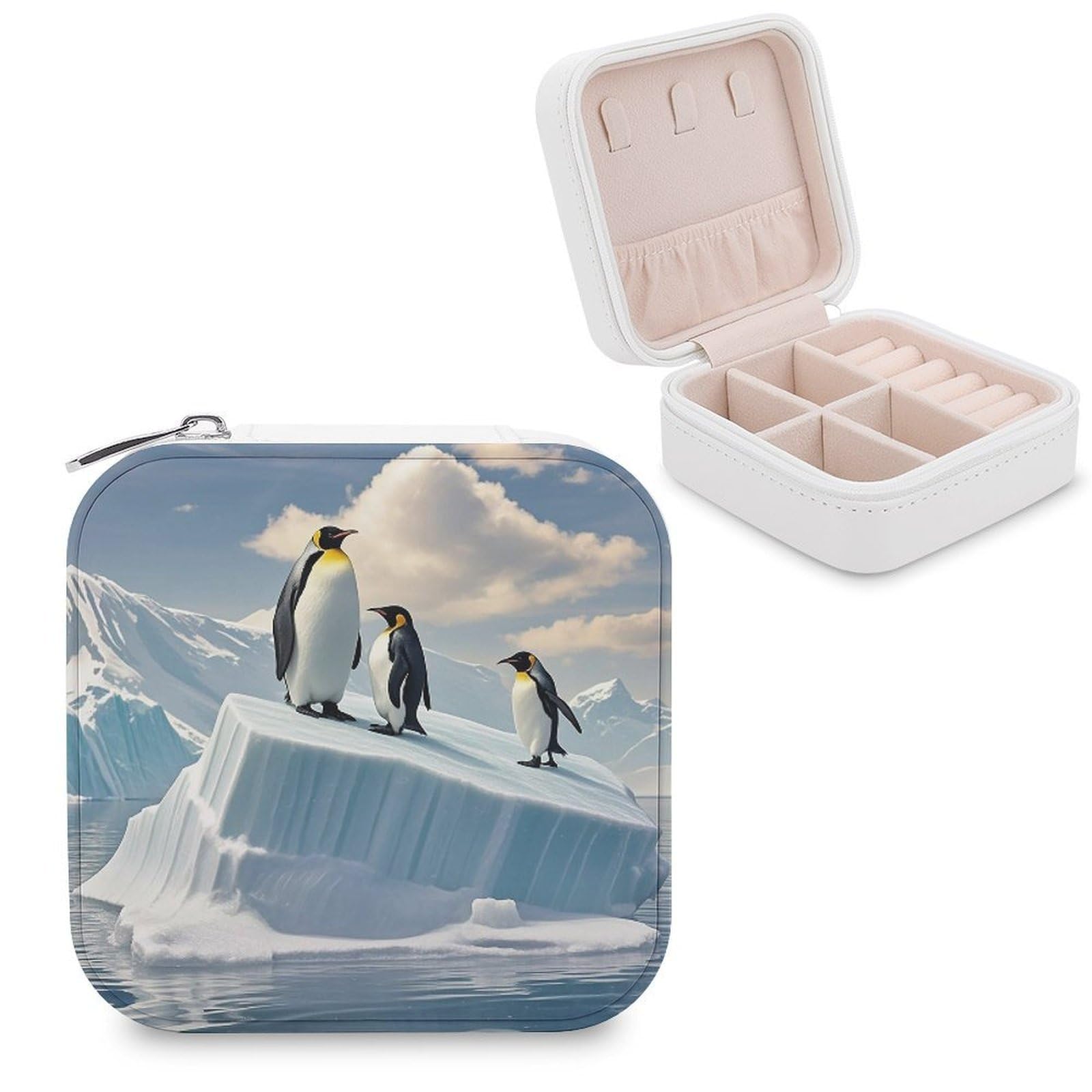 FekiLoot Penguins On The Iceberg Jewelry Case Personalized Leather Jewelry Box Mini Travel Jewelry Case Small Portable Jewelry Organizer for Ring Earrings Necklace Bracelet