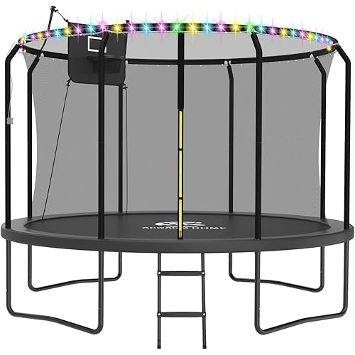 Trampoline Outdoor 8FT 10FT 12FT 14FT 15FT 16FT Trampoline with Basketball Hoop and LED Lights, Recreational Trampolines for Kids and Adults with Net and Ladder, ASTM Approved