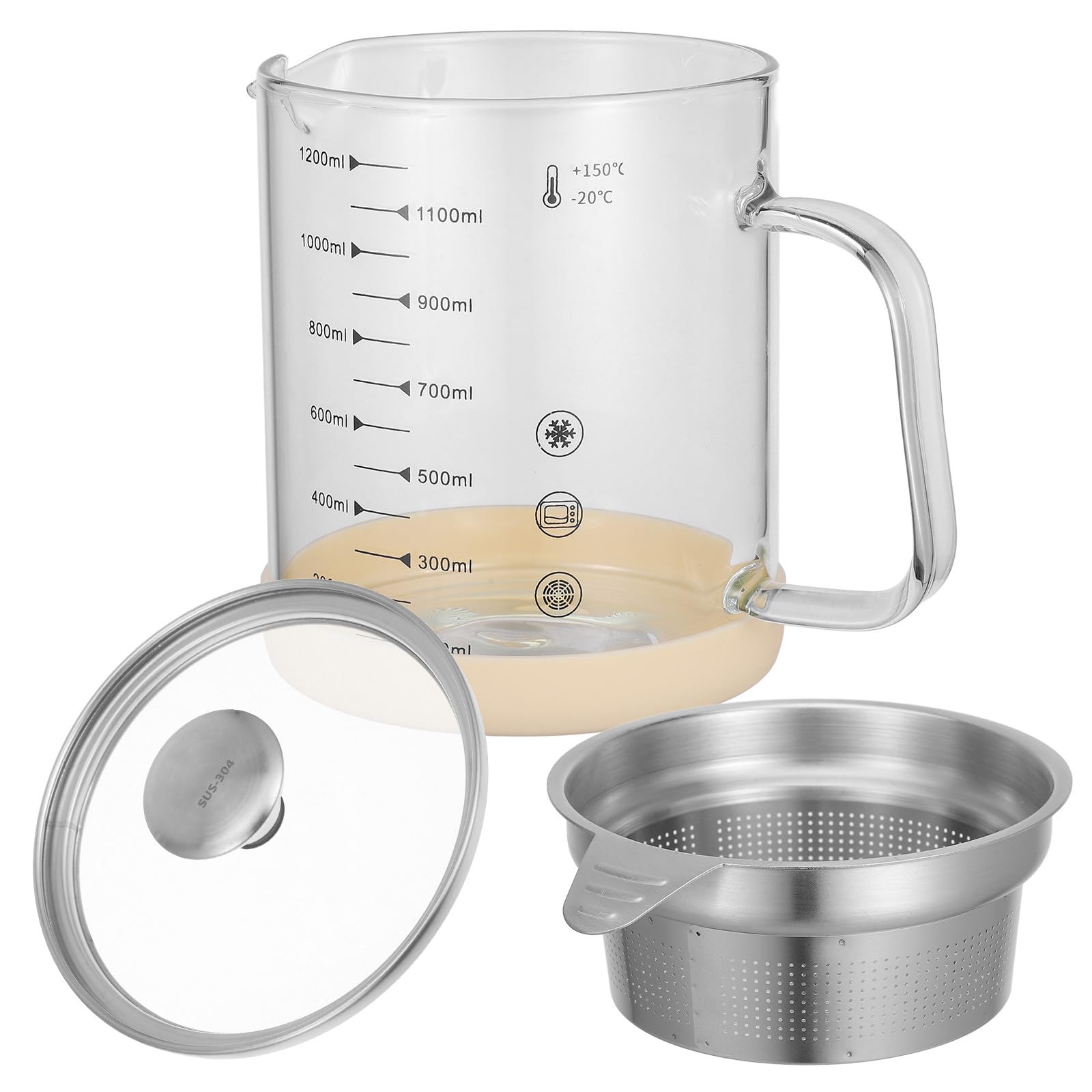Alasum Fettabscheider 1200ml mit Feinem Sieb aus Glas und Edelstahl Multifunktionaler Küchenbehälter zum Filtern von Sojamilch und Saft für Küche
