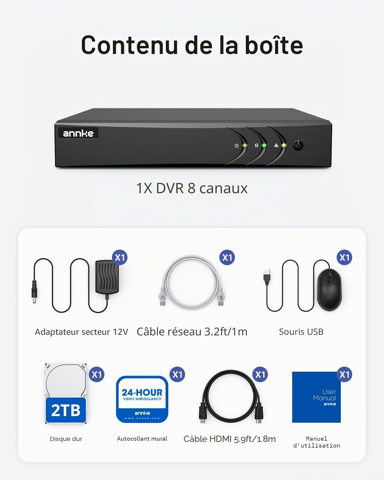ANNKE 3K/5MP Lite 8 Kanal CCTV DVR Recorder mit 2TB Festplatte | Person- und Fahrzeugerkennung, Enregistrement 24h/24, 5 in 1 Überwachungssystem DVR Recorder für 8 Analoge und 2 IP Kameras