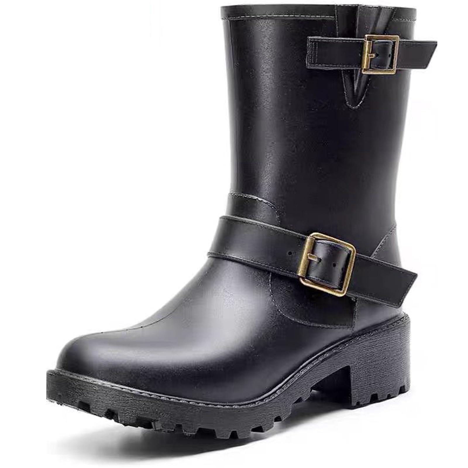 Womens Chunky Lugsole Mid Calf Rain Boots Comfort Round Toe Wide-Top Platform Waterproof Anti-Slip Garden Ankle Booties With
