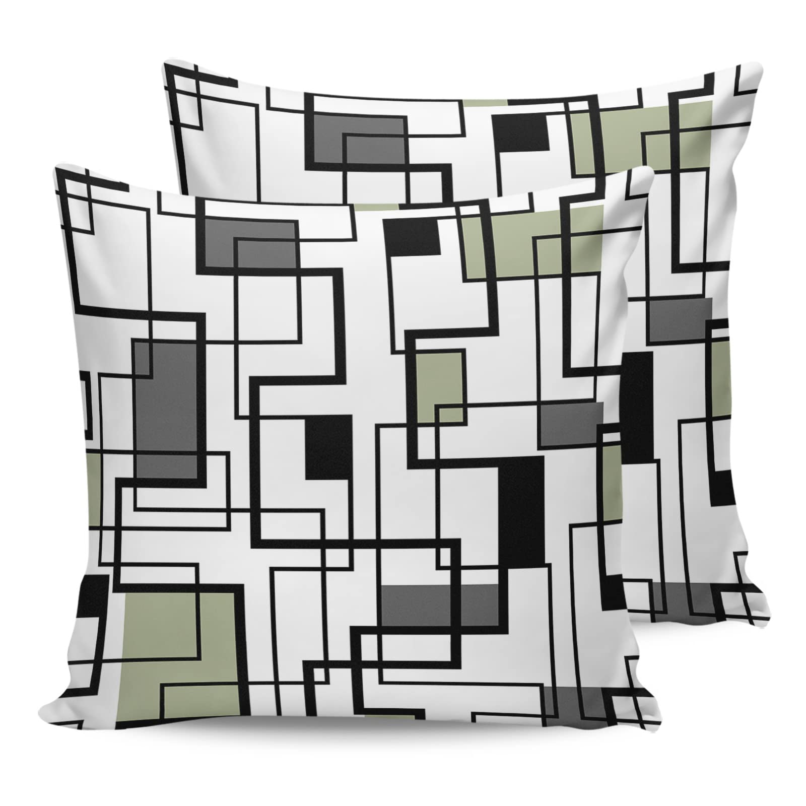 Sage Green Geometric Outdoor Pillow Covers Waterproof, Black Gray Modern Abstract Art All Weather Cushion Case Set of 2, Decorative Pillowcases for