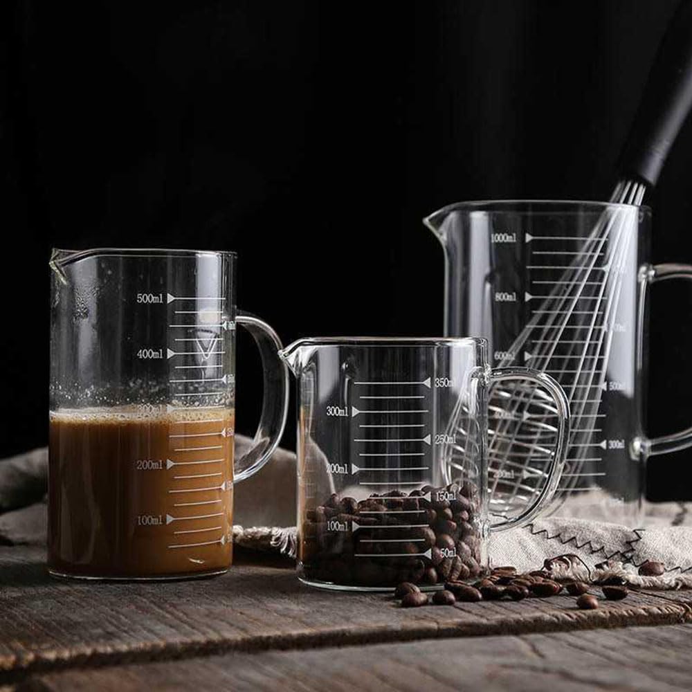 3-pak szklanych kubków z miarką, 350 ml, 500 ml i 1000 ml, kubki do pomiaru płynów z uchwytem, do pieczenia, gotowania, mieszania i pomiaru