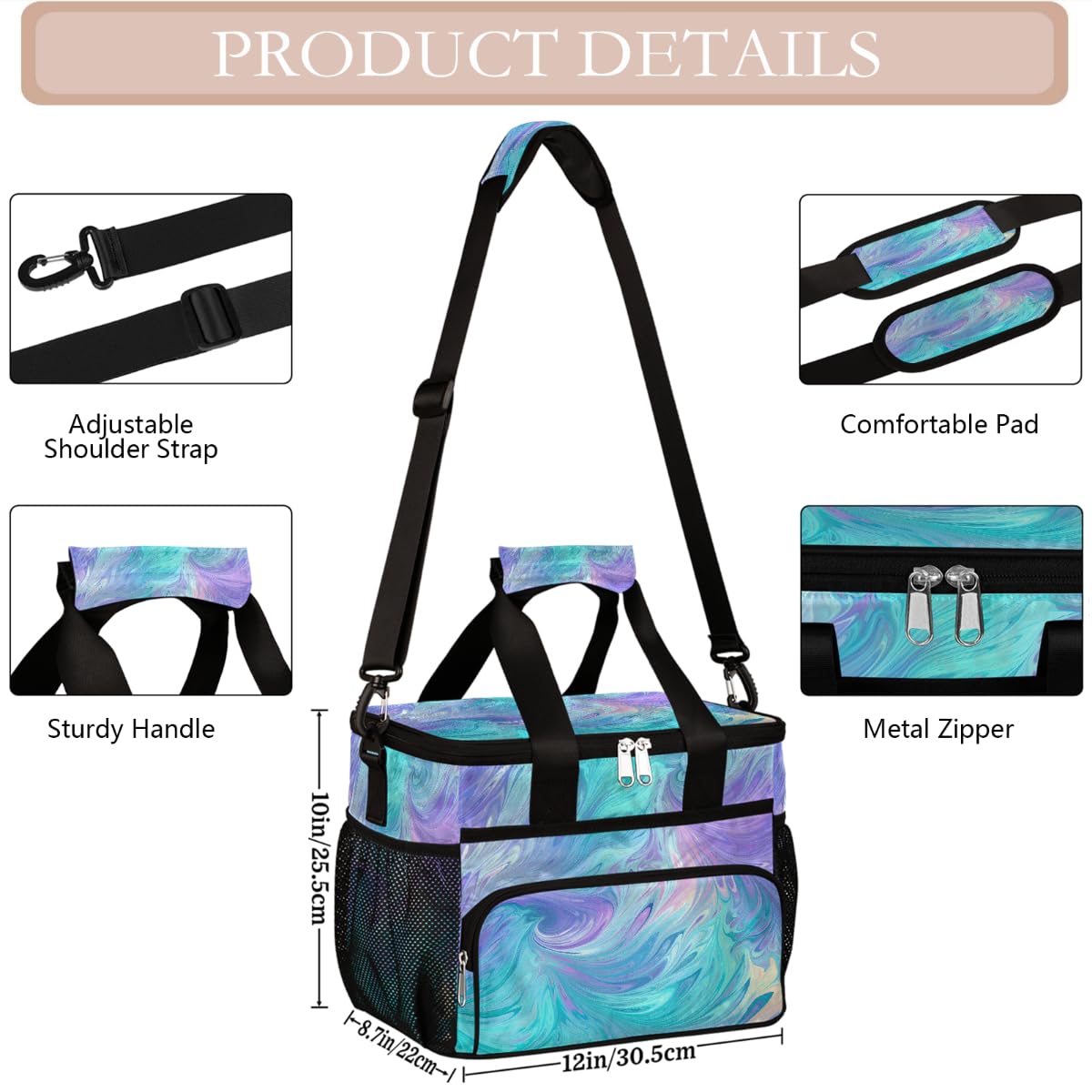 Bolsa térmica grande de camping para picnic, textura líquida, verde azulado, morado, plegable, portátil, bolsa de almuerzo y lonchera para hombres y mujeres, 20 L