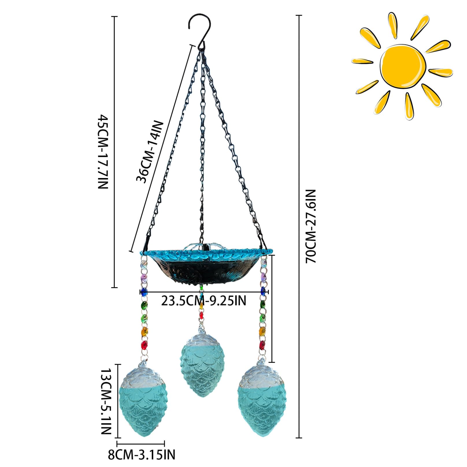 Baño para pájaros colgante con fuente solar, baño para pájaros al aire libre 2 en 1 para exterior con bomba de energía solar, cuenco de vidrio y decoración de piña, adorno de jardín azul de 27, 56 pul