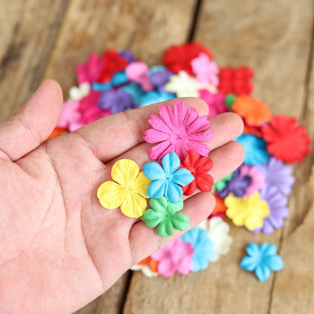100 Pcs Handmade Mixed Mulberry Paper Flowers 30 mm - 1.5 Inch Scrapbooking Wedding DIY Craft Supplies Card. (Mixed Flowers) - Image 2