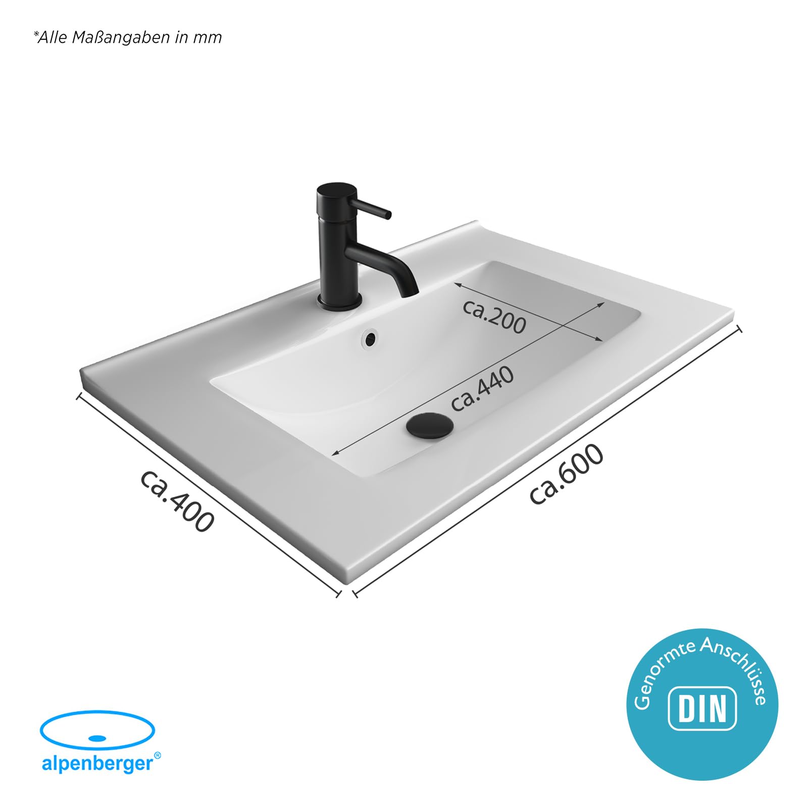 Alpenberger Lavabo WC invités 60 cm de large | Lavabo encastrable | Lavabo carré | Lavabo à poser | Lavabo à main avec revêtement en céramique Nano et trop-plein