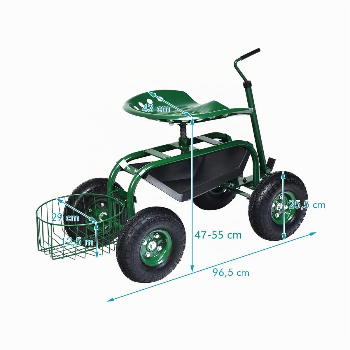 COSTWAY Rollsitz mit Rollen, Gartenwagen mit ausziehbarem Griff & Korb, 360 ° drehbar | höhenverstellbar| bis 150kg, fahrbarer Gartensitz, Gartenrollsitz für Gartenarbeit, Grün (96,5x47,5x47-55cm)