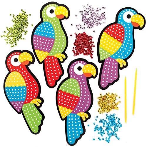 Baker Ross FE185 Papageien-Pailletten-Bastelsets, Basteln Sie Ihre eigenes Kunst-Set, kreative Aktivitäten für Kinder, dekorieren Sie Ihre eigenen Kunst- und Bastelprojekte, 4 Stück
