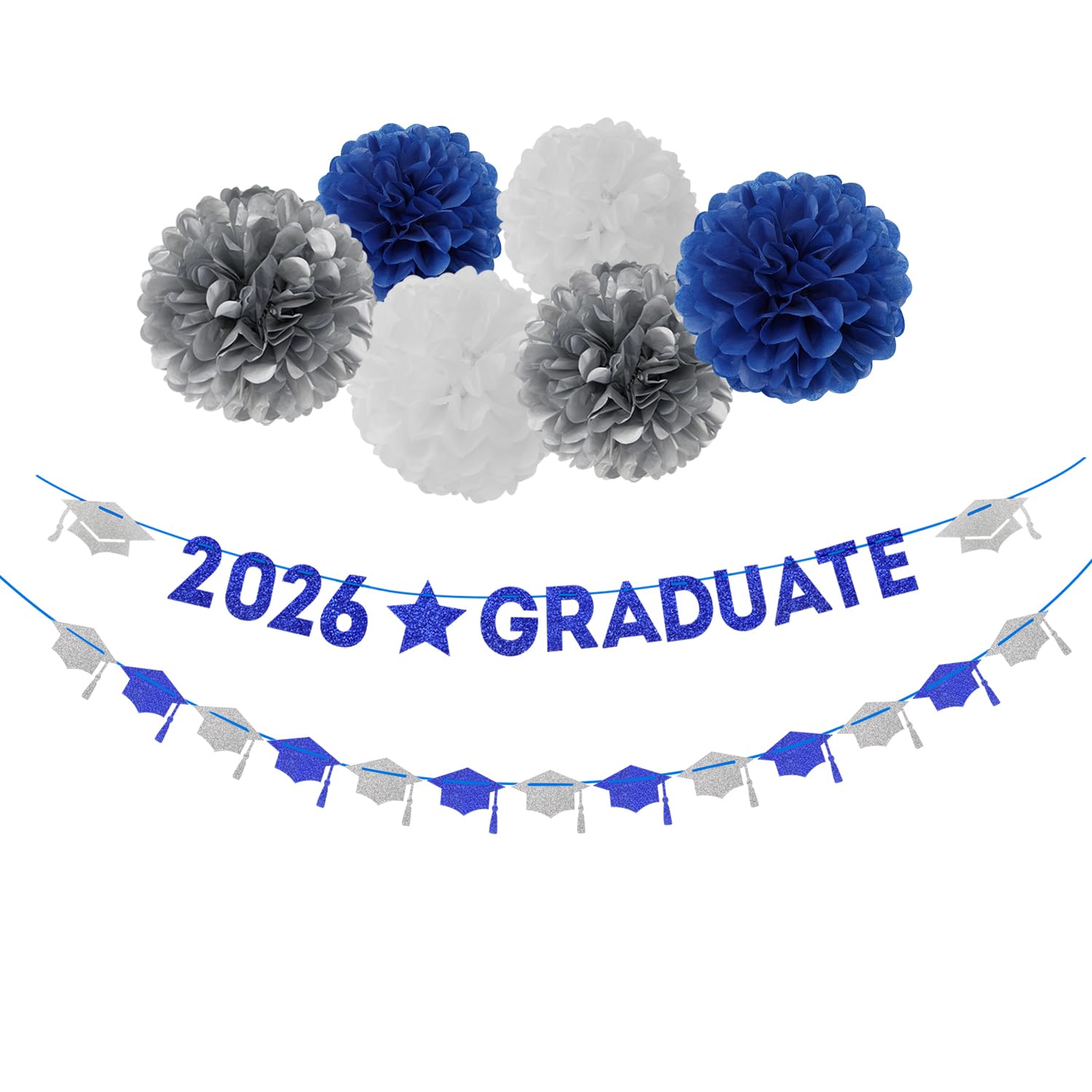 Navy-Blue White-Silver Party-Decoration Graduation Banner - 8pcs Kits Cap Garland Streamers, Paper Tissue Pom Poms Flowers, 2026 Craduate Banner