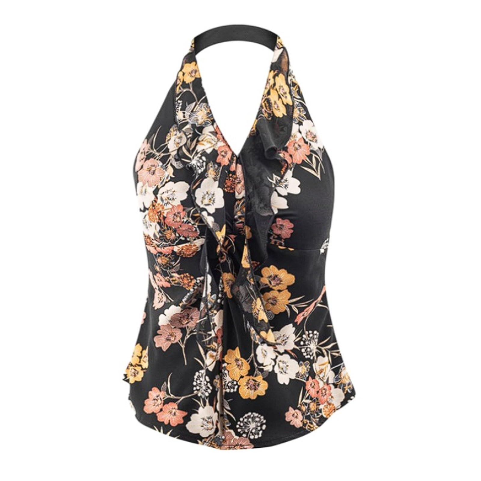 esmen Top Camisola con Cuello Halter Estilo Retro for Mujer Escote en V Profundo Estampado de Volantes el Pecho y Lazo Grande Base Negra