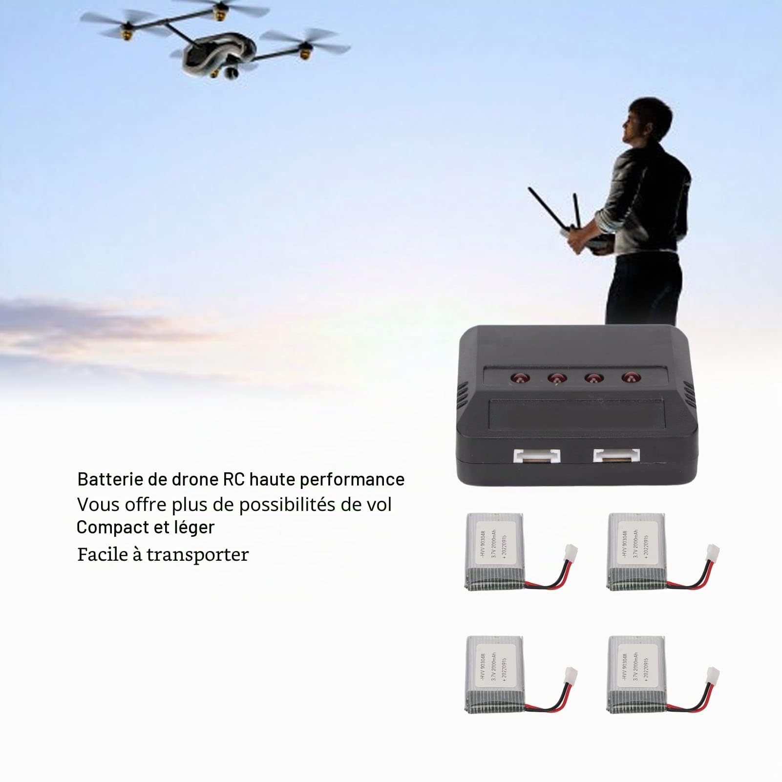 Lot de 4 Batteries de Drone 903048 3.7V 2000mAh Rechargeables Batterie Drone 3.7v 2000mah Batterie Lipo pour RC UAV, avec Chargeur Portable Batteries