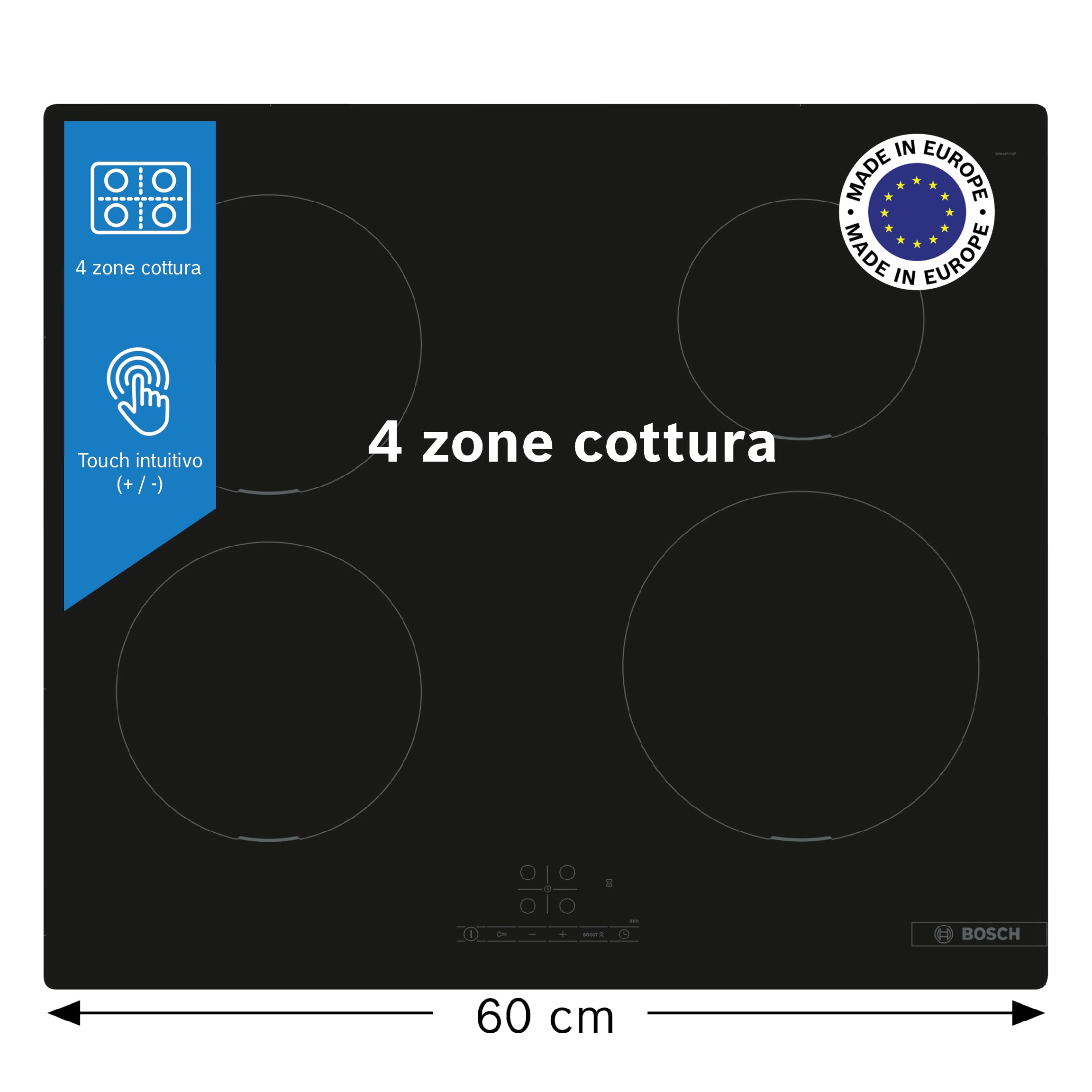 Bosch PUE611BB5J Serie 4, Piano cottura a induzione, PowerBoost accelera il processo di cottura, TouchSelect, senza profili, Nero, 60 cm