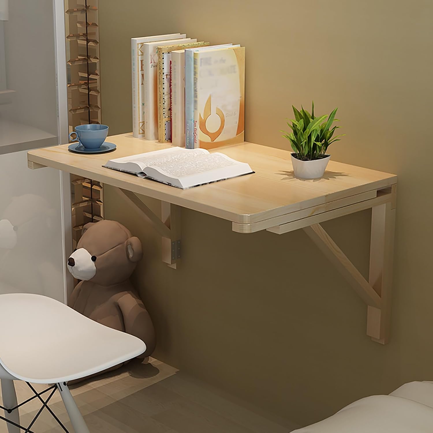 Foldable Wall-Mounted Wooden Table Space-Saving Folding Desk for Kitchen Living Room Bedroom and Laundry - Compact 60x45cm Floating Shelf Table