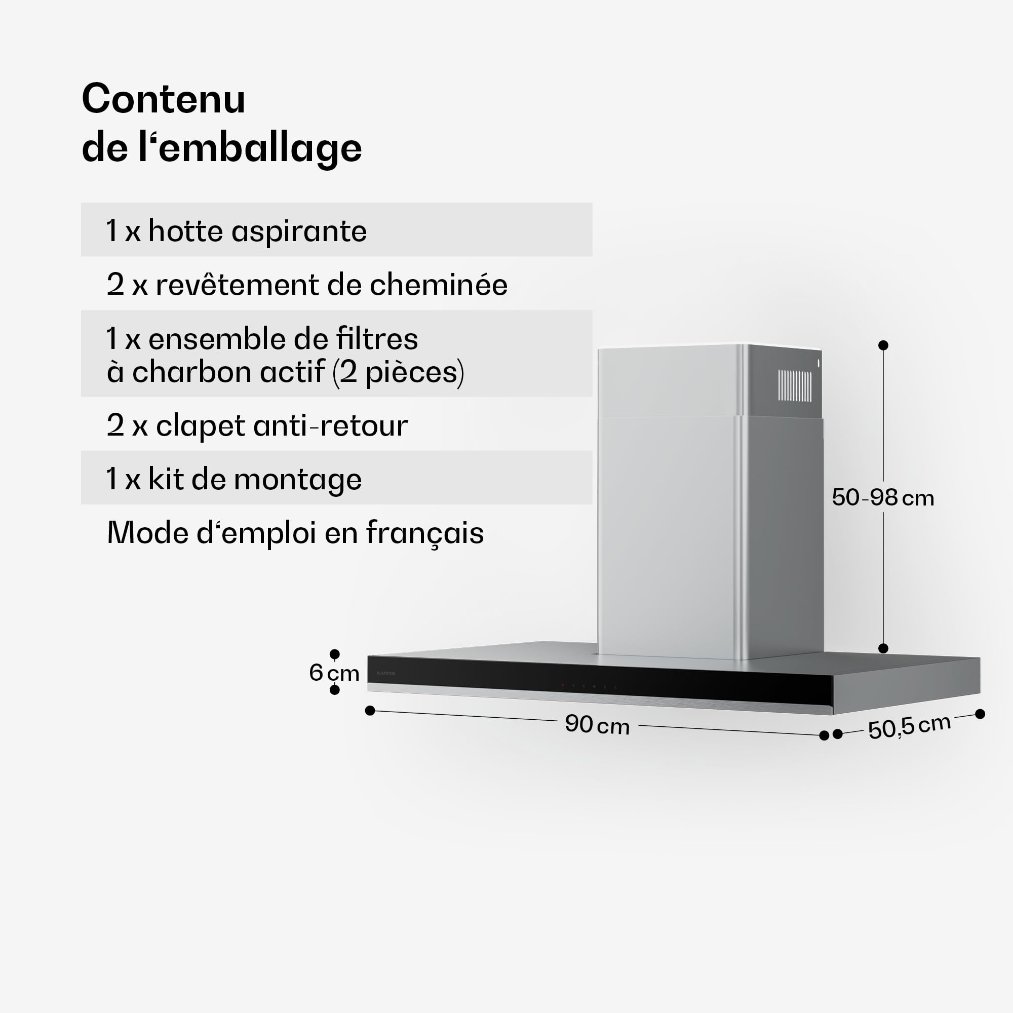 Klarstein Verosteel Hotte Aspirante 90 cm - Hotte Murale, 881,6 m³/h, A++, Commandes Tactiles, LED, Inox & Verre, 3 Vitesses + Boost, Filtre Charbon, Hotte Cuisine Silencieuse