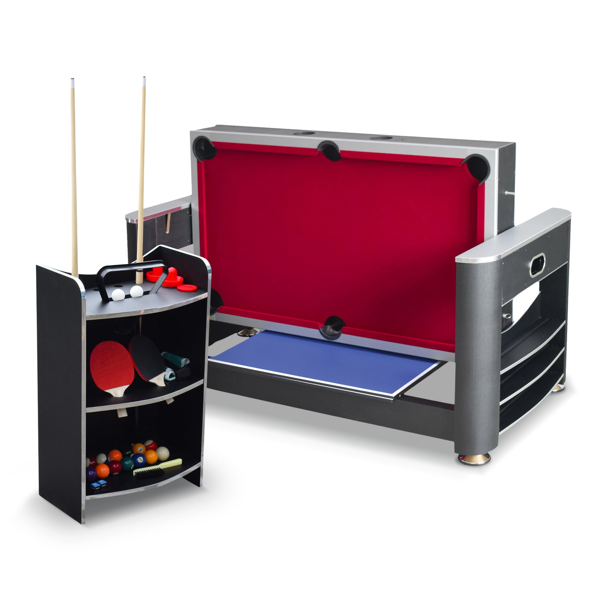Hathaway Triple Threat Multi Game Table – Space-Saving Rotating Playfield for 6ft Pool Table, Air Hockey Table, & Table Tennis - 3 in 1 Game Table with Complete Accessories & Display Rack