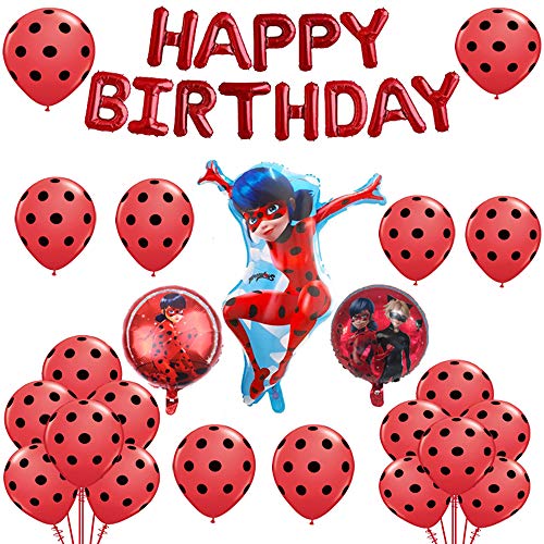 Geenber Ladybug Ballons Set Aluminium Balloon Joyeux Anniversaire Fête Décoration Fournitures pour Coccinelle Super-Héros Fille Enfants (24 Pack)