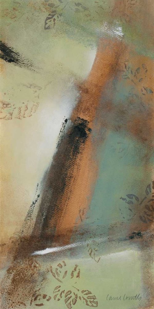 Image sur toile roulée Misty Morning II Loreth Lanie – Impression abstraite verticale abstraite marron, or, cuivre, vert, feuilles d'eau, toile 26_X_12_in