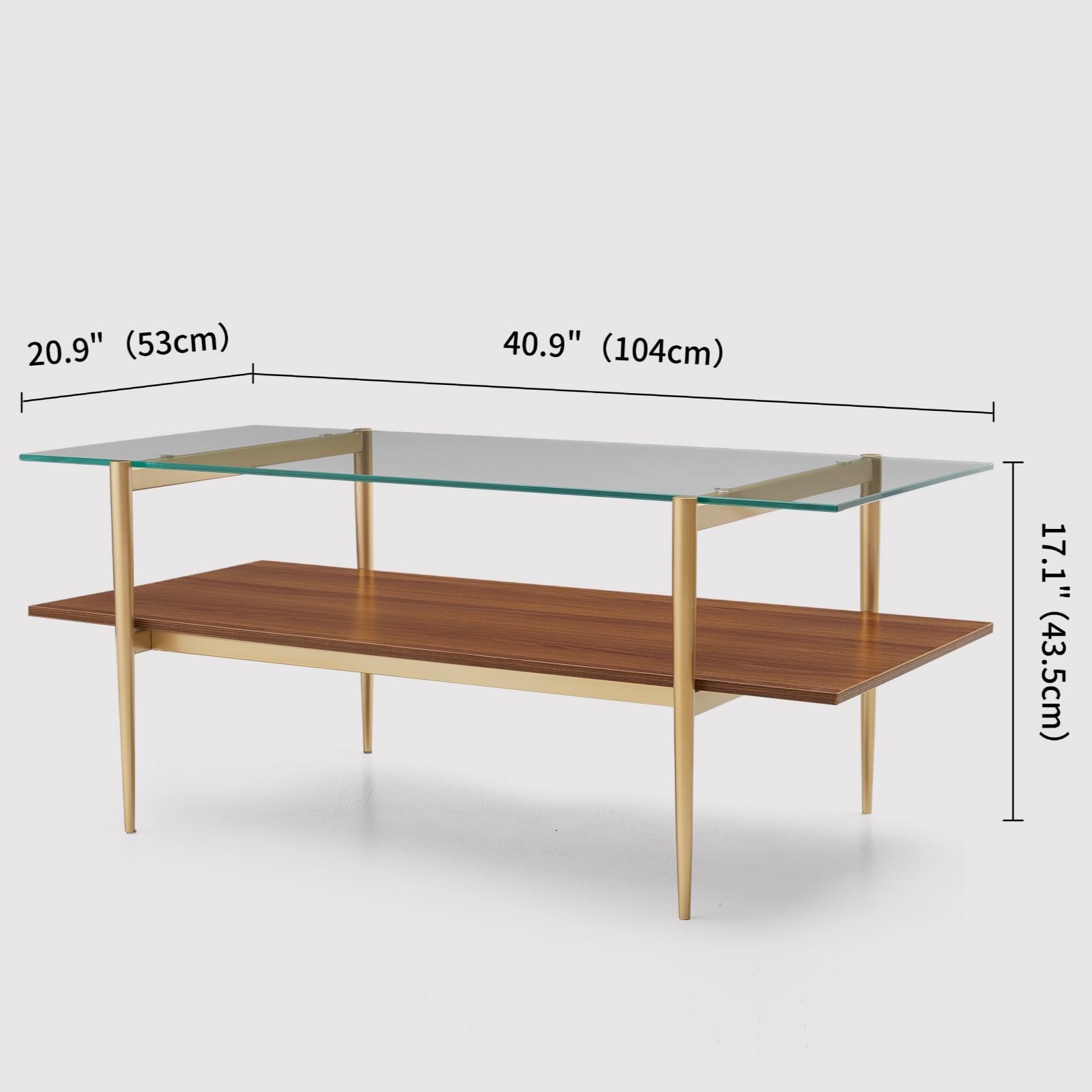 Mesa auxiliar rectangular, diseño moderno de mediados de siglo, 21 pulgadas de largo x 17 pulgadas de alto, para sala de estar, estructura de 2 niveles, parte superior de vidrio transparente y 4