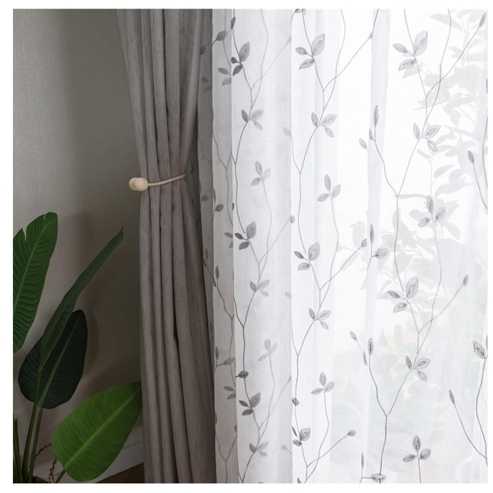 Tende In Voile Homxi 2 Pezzi Con Ricamo Foglie - Semitrasparenti 137x214 Cm - Bianco, Con Occhielli Per Soggiorno E Camera