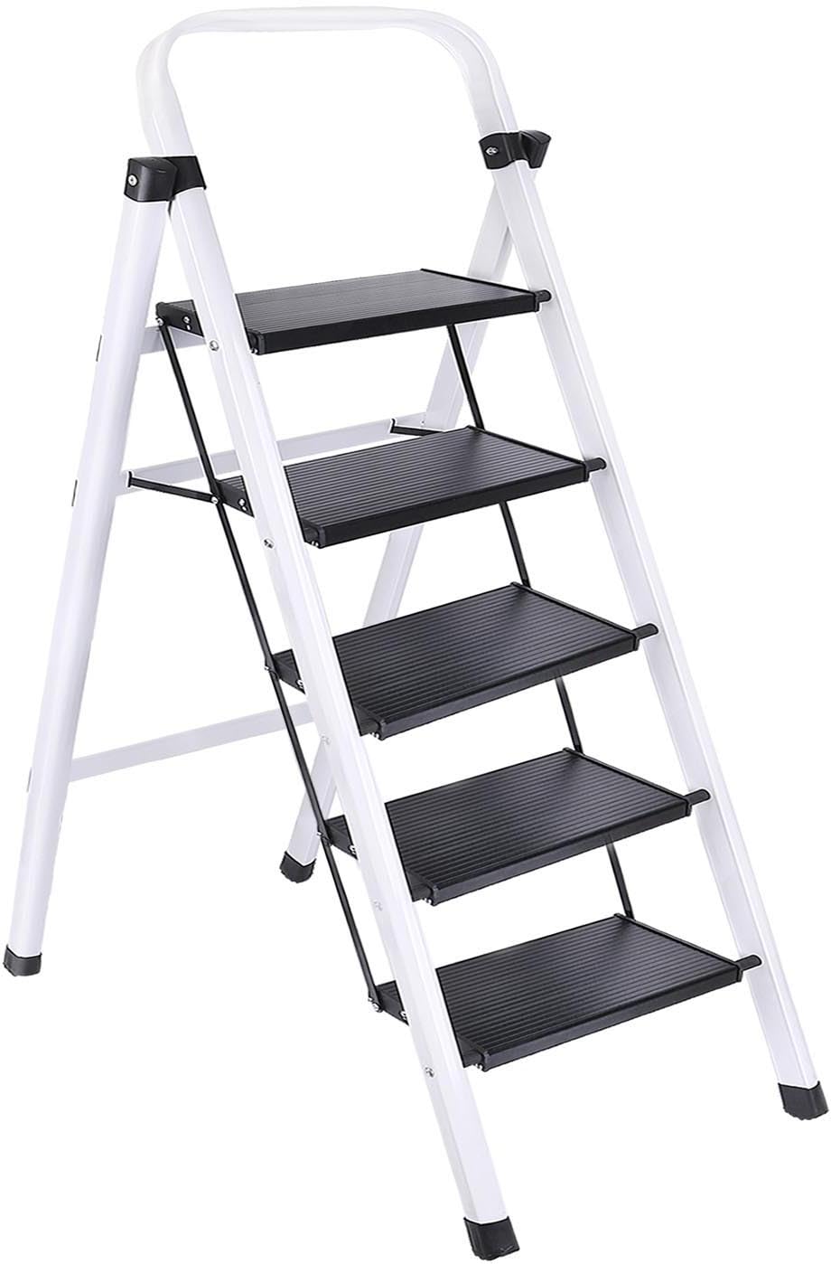 Photo 1 of 5 Step Ladder, Step Stool Folding with Handrails for Adults 5 Steps for Home Kitchen Foldable, Heavy Duty Iron Stepladder, Aluminum Anti-Slip Pedal + Alloy Steel Stand, 500 lbs Capacity, White