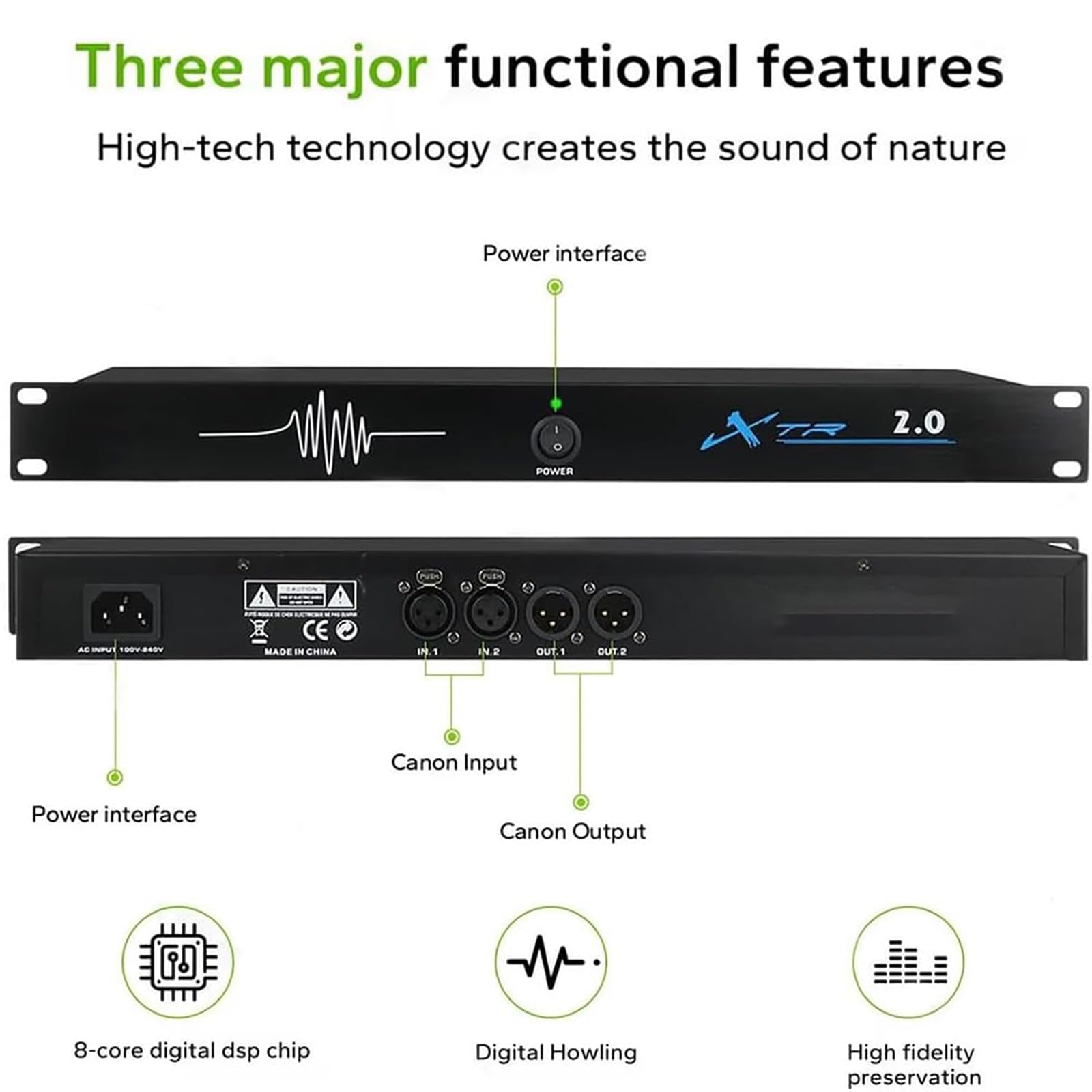 Professioneller Feedback-Unterdrücker, Audioprozessor, Mikrofon-Rückkopplungs-Frequenzwandler, digitale Rückkopplungsunterdrückung Stufe 5, for Bühne, KTV, Bar und Party(4 in 4 out)