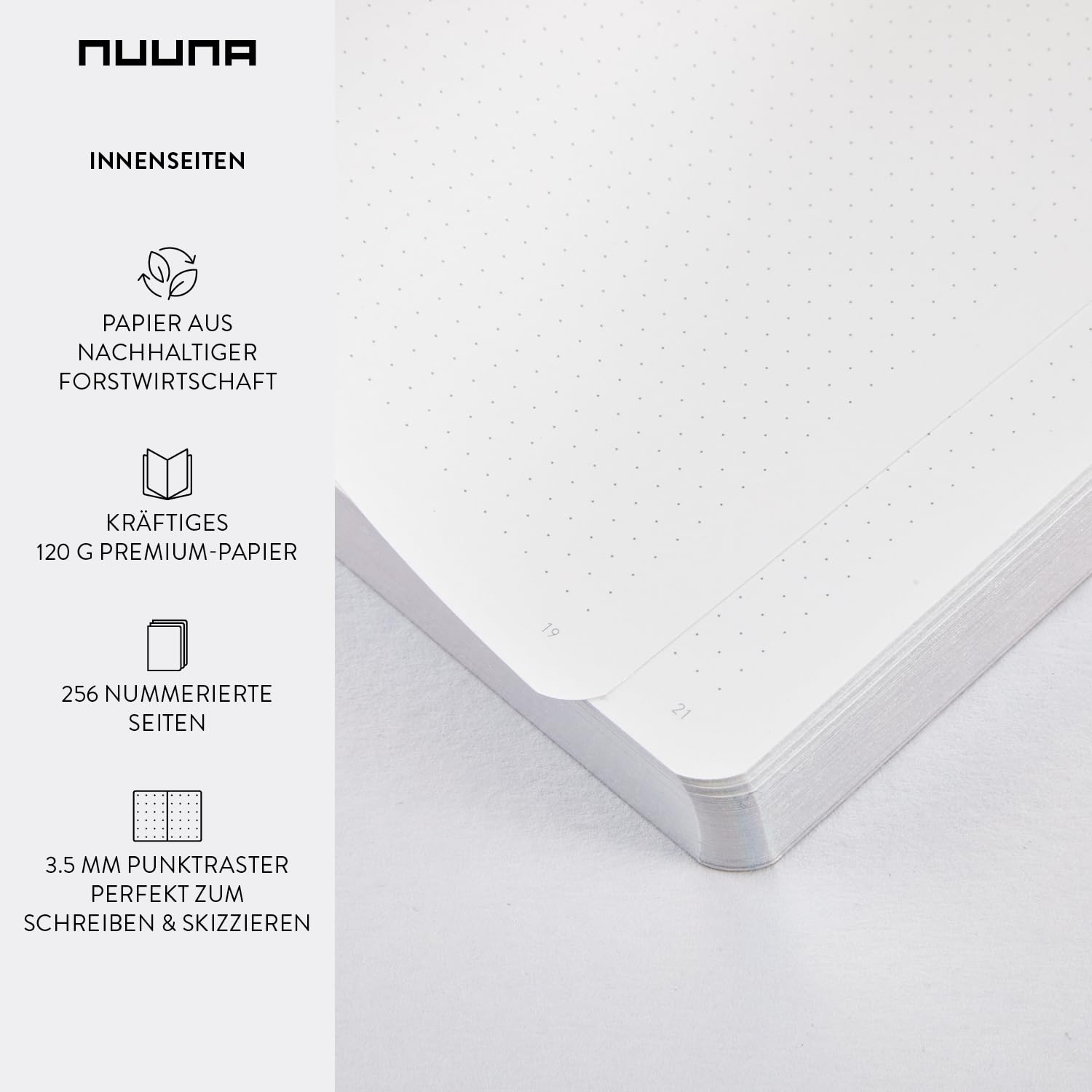nuuna Voyager L - Taccuino A5+, a pois, 3,5 mm, 256 pagine numerate, carta premium da 120 g, materiale vegano, con supporto per penna e smartphone, prodotto in Germania