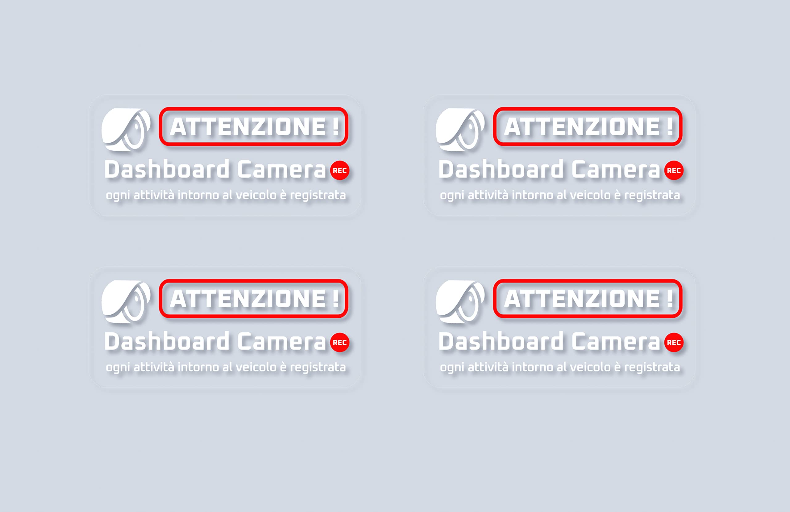 Adesivi per Dash Cam, in italiano, avviso presenza Dashboard Camera a bordo veicolo, in vinile trasparente misura: 9x4 cm, scritte speculari per interno vetro, impermeabili, 4 pz.