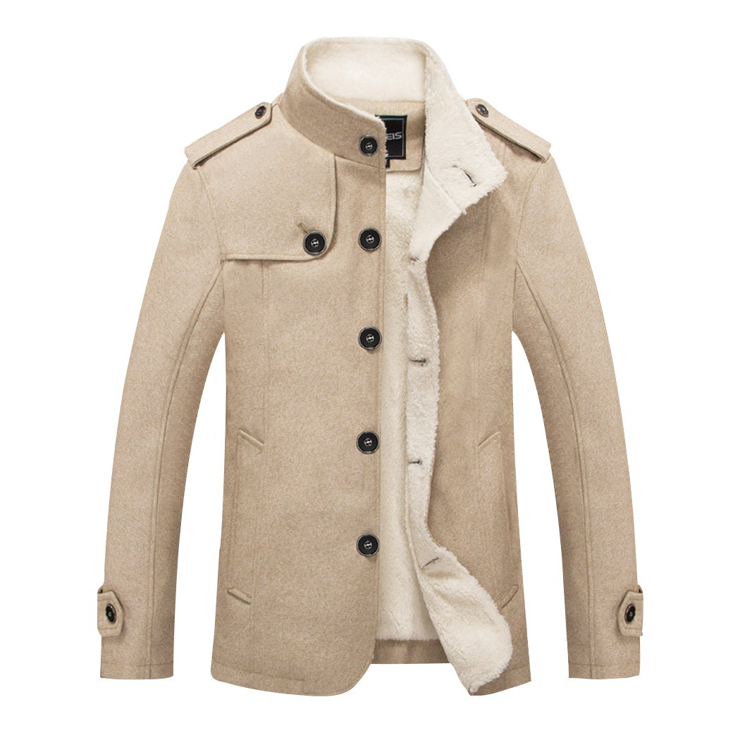 Sun Lorence Men's Stand Collar Wool Blend Single Breasted Pea Coat With Fleece Lined