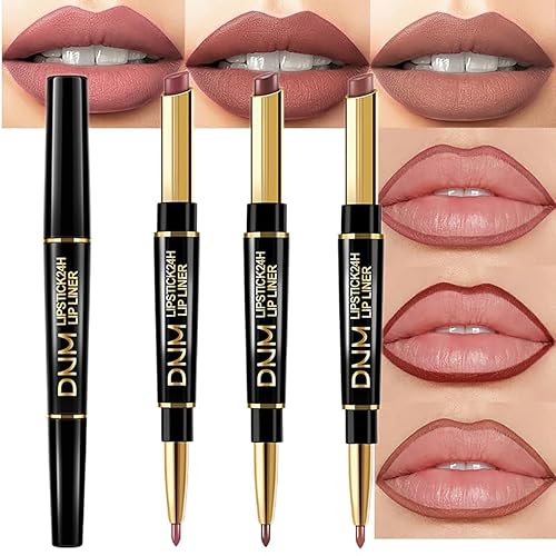 Juego de 3 delineadores de labios y pintalabios color rosa coral, té de leche, rosa malva, delineador de labios 2 en 1 de doble punta y lápiz labial