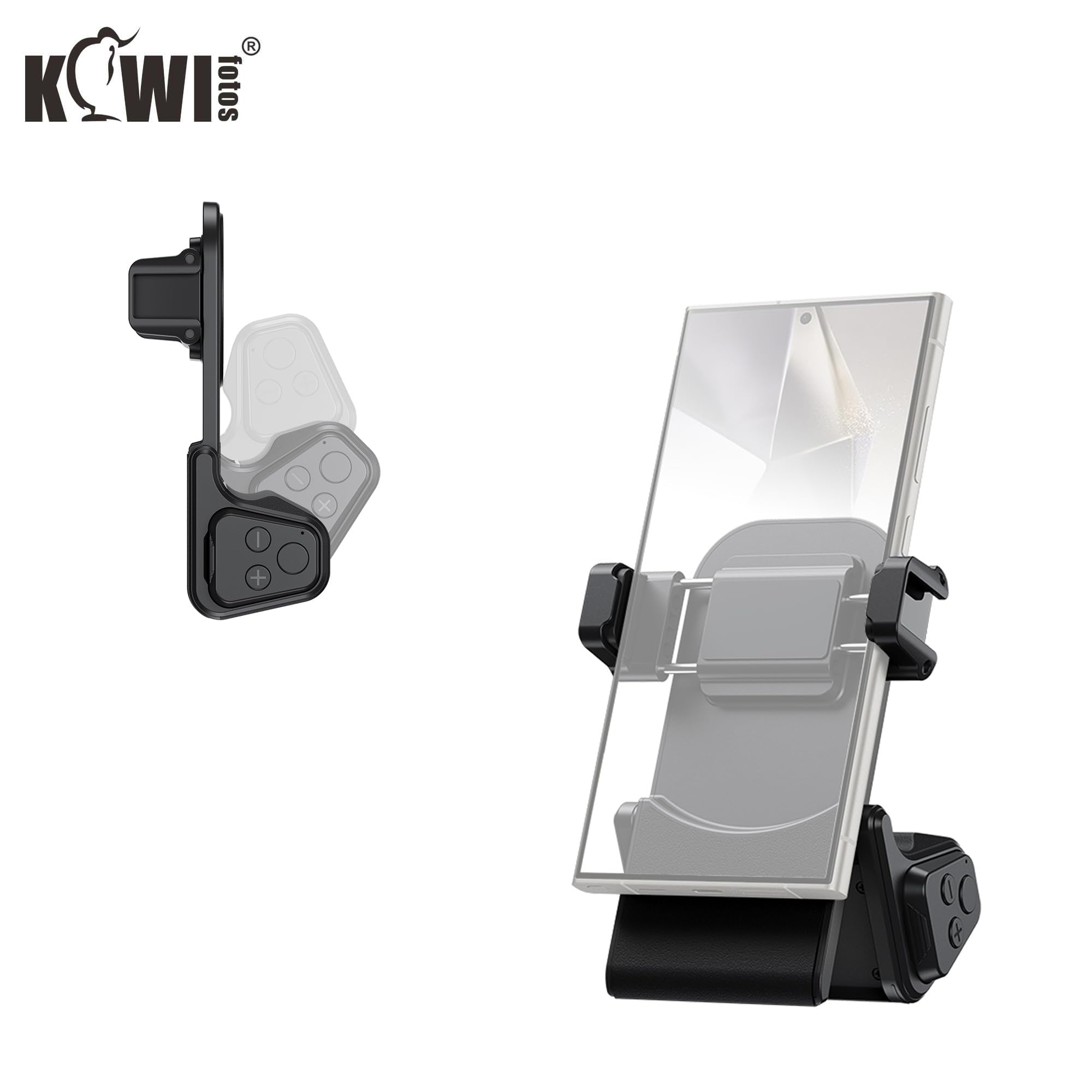 KIWIFOTOS Impugnatura Grande Smartphone Grip con Wireless Telecomando Bluetooth, Registrazione Vlogging Riprese per Telefoni Android e iOS Larghezza 59-85mm