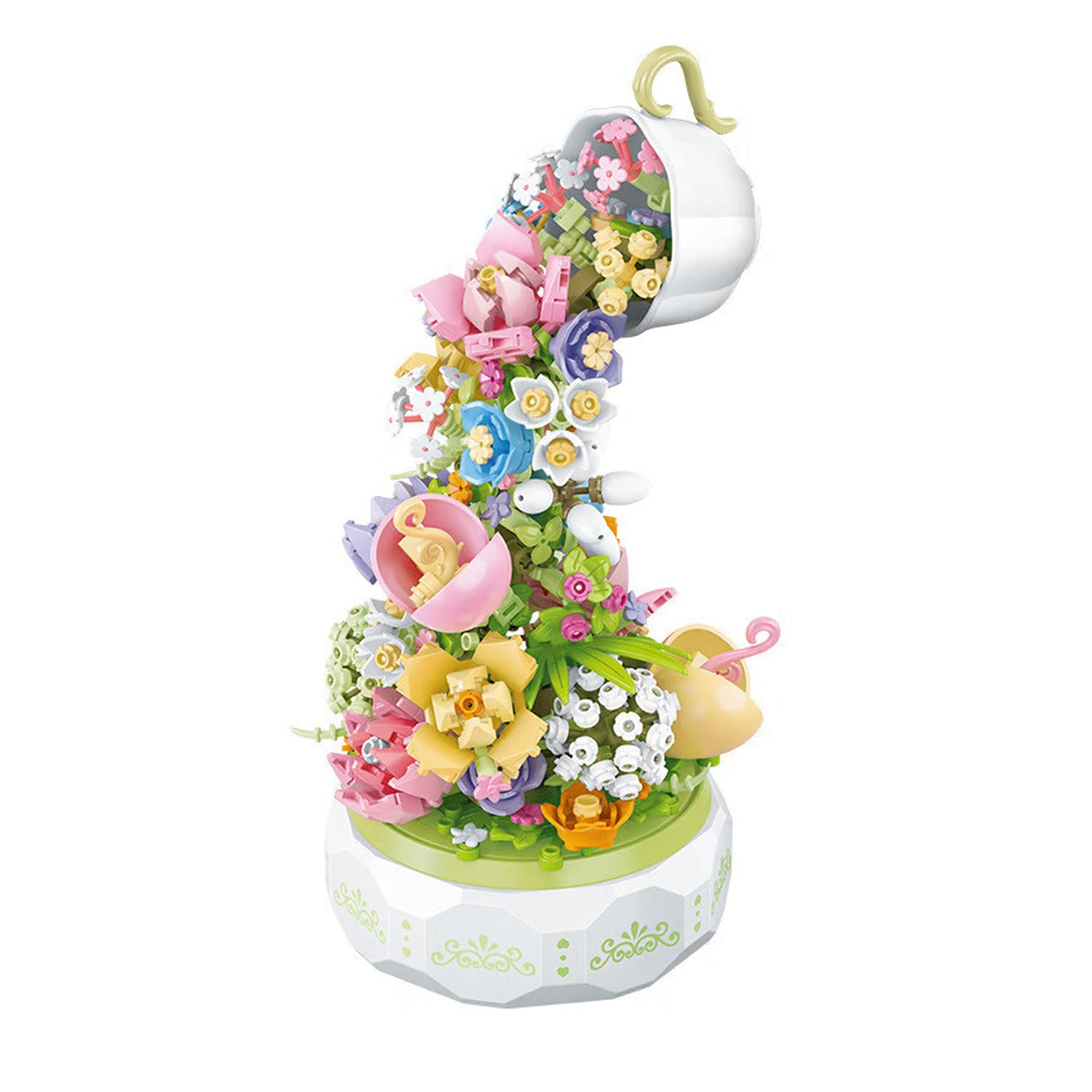 Floral Music Box Building Kit, 575 Pieces, 25cm H x 11.5cm W x 12cm L, Pink Gift Box, Rotating Sound, Decorative Gift for Women