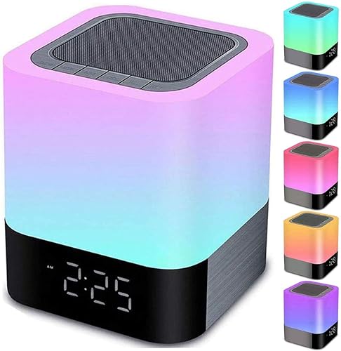 Luces nocturnas con altavoz Bluetooth, reloj despertador, altavoz Bluetooth, sensor táctil, lámpara de cabecera regulable multicolor cambiante,