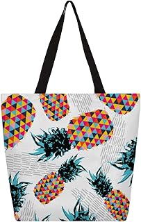 Sacola de lona feminina colorida geométrica abacaxi grande bolsas para homens com bolsos sacolas de compras resistentes sacolas de compras reutilizáveis, bolsa de ombro casual para escola, trabalho, praia, Multicor