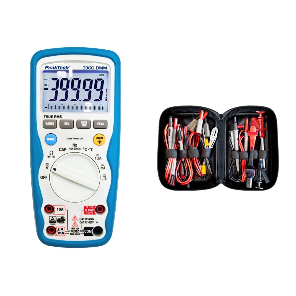 PeakTech P 3360 3360 – True RMS Digital Multimeter & Peak Tech P 8200 – Messzubehör Set für Digital Multimeter, Elektronik Sortiment mit Prüfkabel, Laborleitungen, Messleitungen, Krokodilklemmen