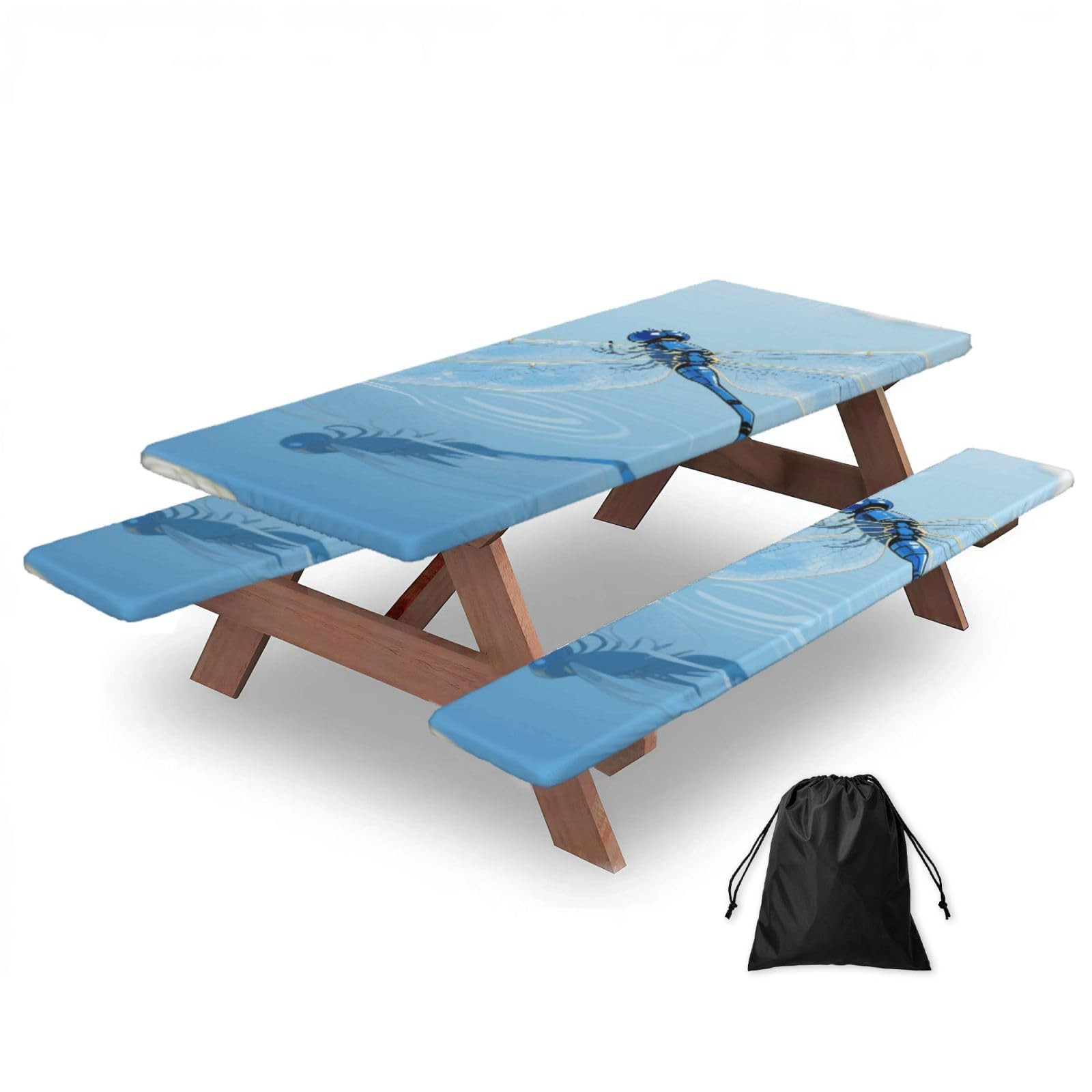 FekiLoot Blue Vintage Dragonfly Picnic Table Cover with Bench Covers and Bag, Windproof Waterproof Rectangle Tablecloth with Elastic Edges Fitted Camping Table Covers Portable Camping Accessories