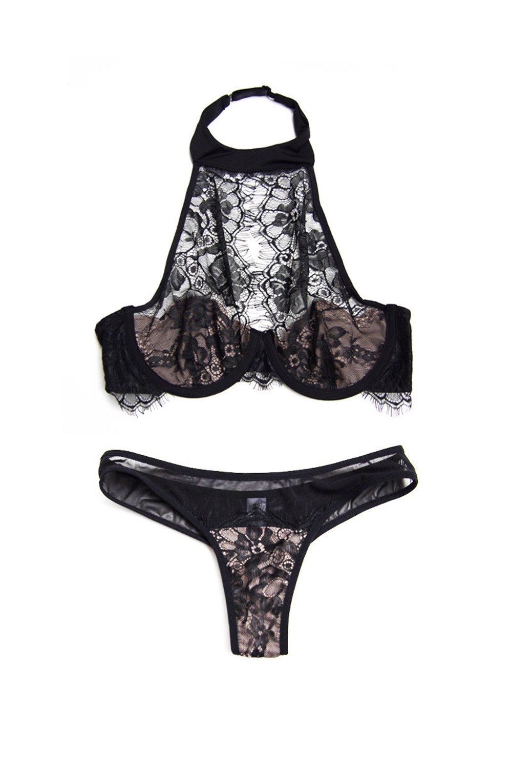 Dormery Palace Embroidery Slim Black Enticement Eyelash Lace Lingerie Bra Set