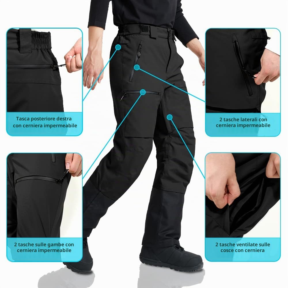 Pioneer Camp Pantaloni da sci e snowboard da uomo, impermeabili, isolanti, antineve, con cinghie rimovibili, per l'inverno, Nero, L