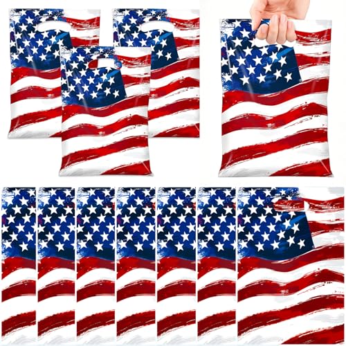 50 Pack American Flag Party Favor Bags, Patriotic Plastic Goodie Treat Gift Bags for 4th of July, Independence Day, Memorial Day, Veterans Day, USA Flag Candy Loot Bags, Patriotic Party Supplies