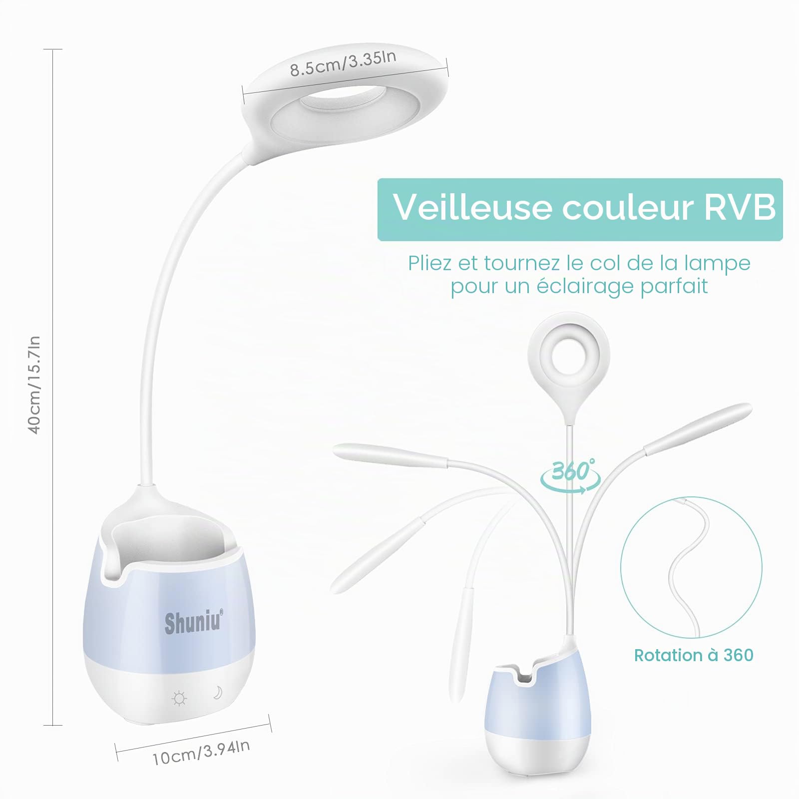 Shuniu Lampe de bureau pour enfants, 20 LED, à intensité variable, avec 3 niveaux de luminosité, RVB 256 couleurs, lampe de chevet et lampe de lecture, lampe de bureau avec support de téléphone