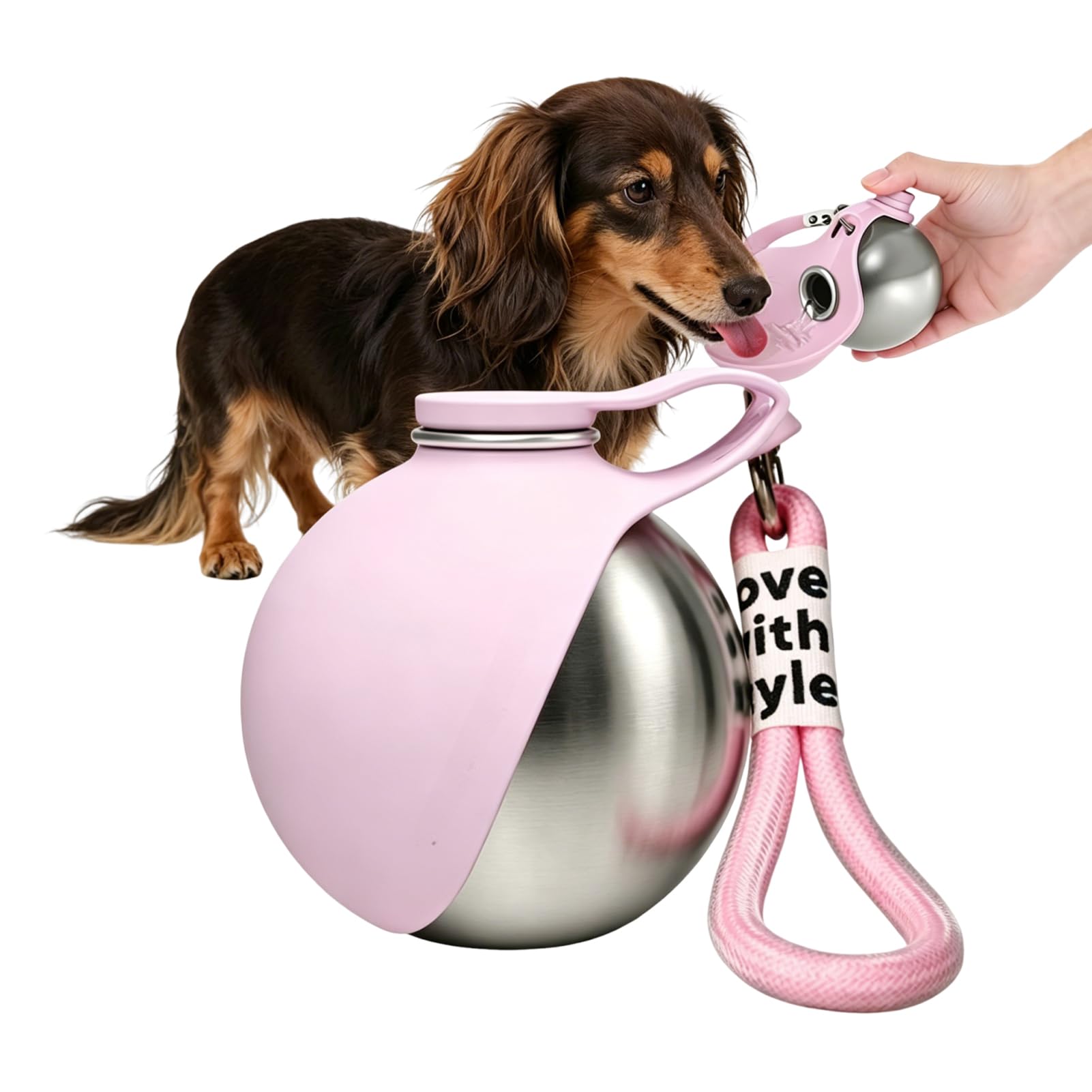 Portable Dog Water Bottle for Walking, 285ML 2 in 1 Stainless Steel Dog Drinking Bottles with Foldable Silicone Bowl, Leak Proof Pet Water Bottle for Dogs & Puppies, Hiking & Travel (Pink A)