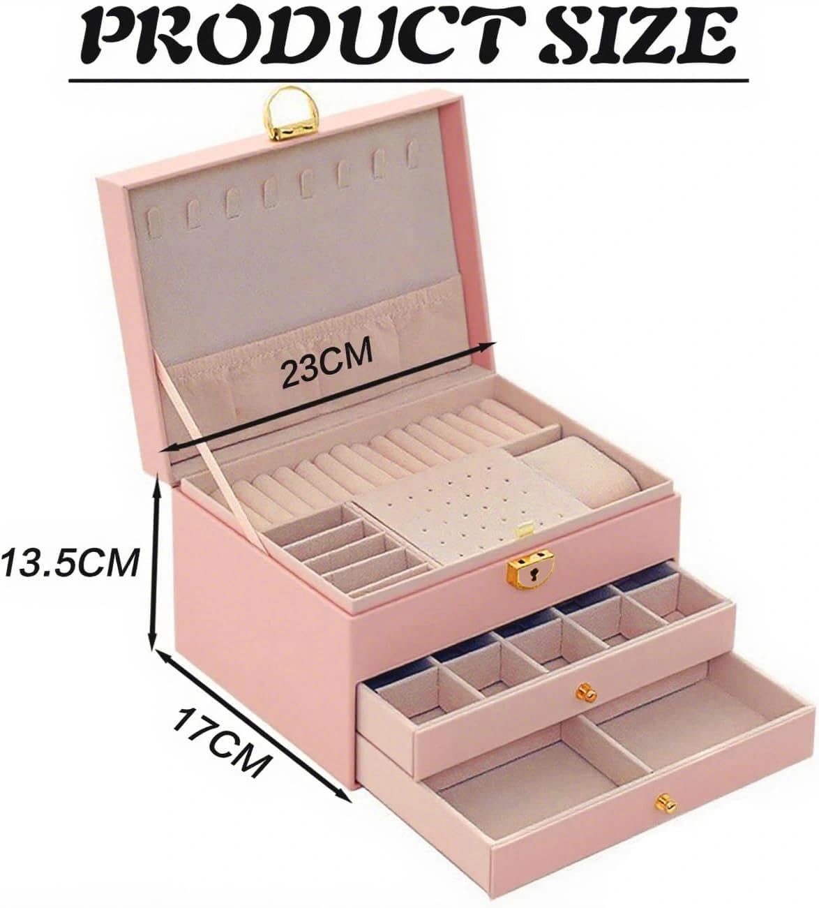 Joyero de 3 niveles, apilable, 2 cajones, caja de almacenamiento con compartimentos, con cerradura y llave, para pendientes, anillos, pulseras, collares (rosa)