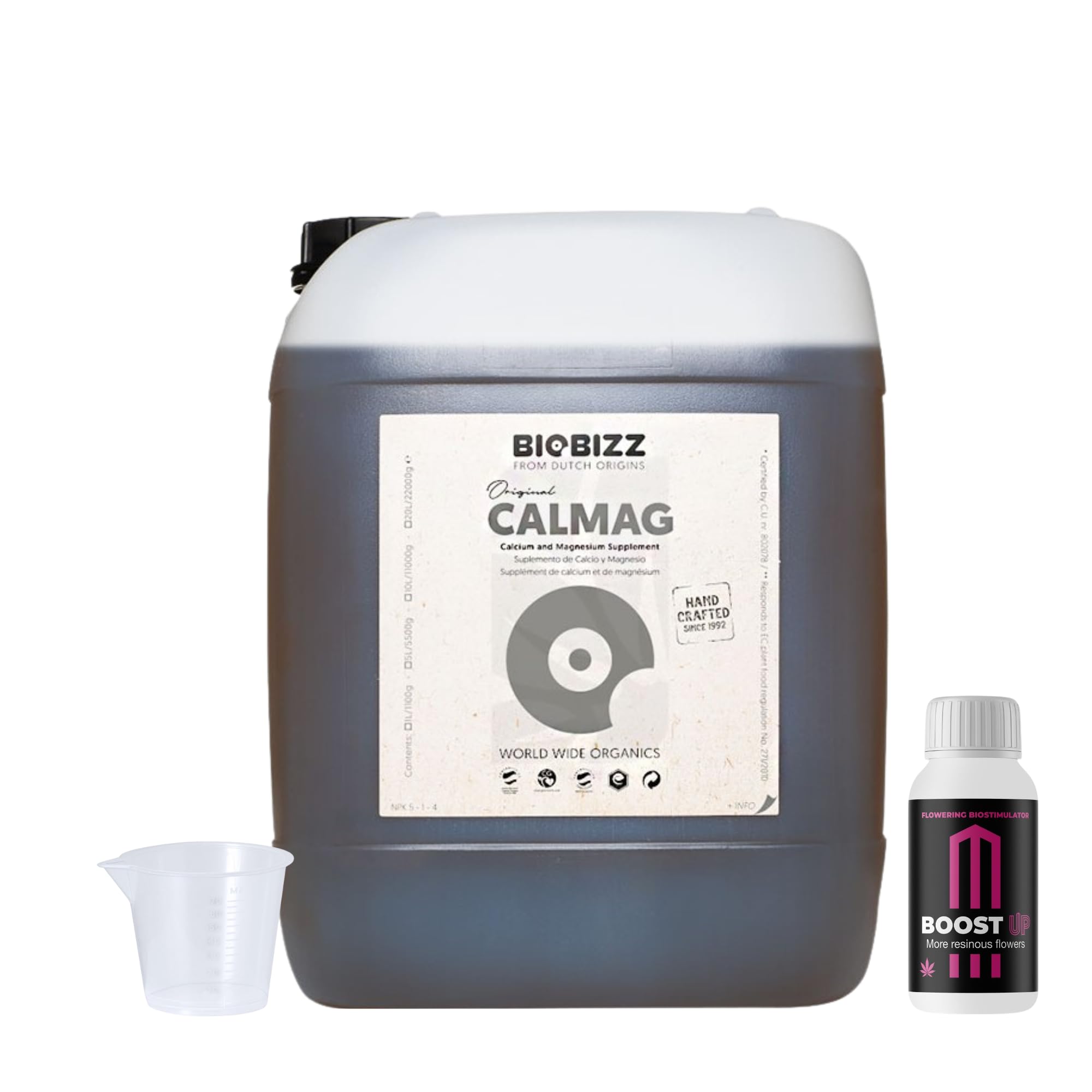 GROWMANIA Cal Mag de BioBizz 20L + Muestra Boost Up de Up Nutrients + Vaso Medidor | Suplemento Profesional de Calcio y Magnesio | Para Uso Comercial en Agricultura Extensiva