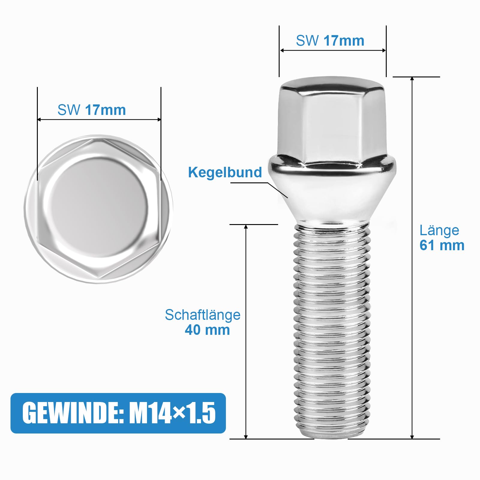 Kit 20 Bulloni Ruota Filetto Lungo 40mm per Distanziali Ruota I M14x1,5x40mm I Testa Sferica R13 I Chiave 17mm I Compatibili con Audi e VW