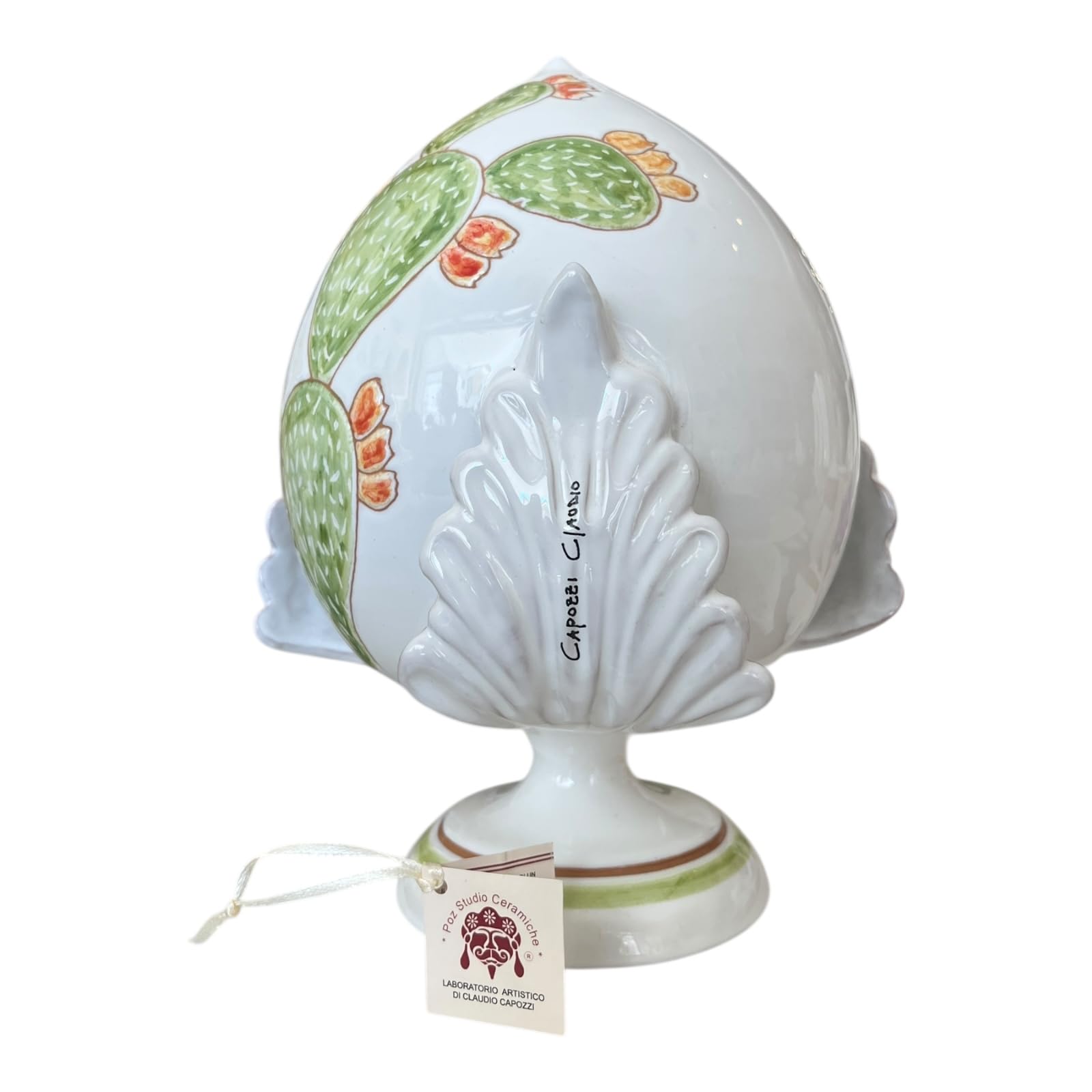 Pumo Pugliese in Ceramica, Bianco con Decorazioni Fico d'India, Pezzo Unico Firmato dall'Autore, 25 cm