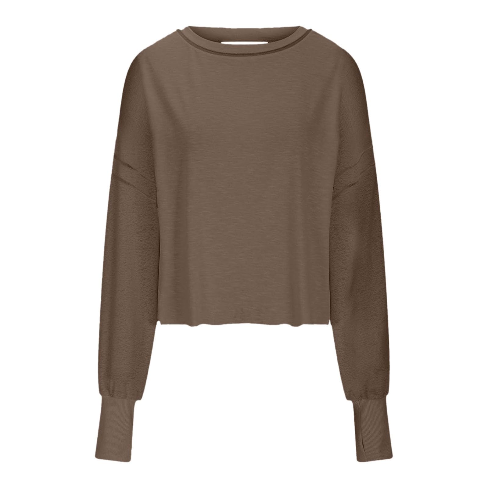 Workout-Tops mit offenem Rücken für Frauen, Baggy, langärmelig, sportliches T-Shirt, rückenfrei, Rundhalsausschnitt, Fitnessstudio, Laufen, Yoga, bauchfreie Tops Shirt Damen Sexy Elegant (Coffee, L)