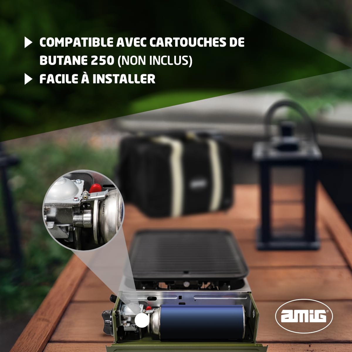 Amig - Réchaud a Gaz BBQ01K, Cuisine Portable, Kit Réchaud Grill - Grille en Fonte d'Aluminium et Plancha avec Couvercle de Cuisson, Plateau Ramasse-Graisse en Acier Inoxydable, 1,8 kW